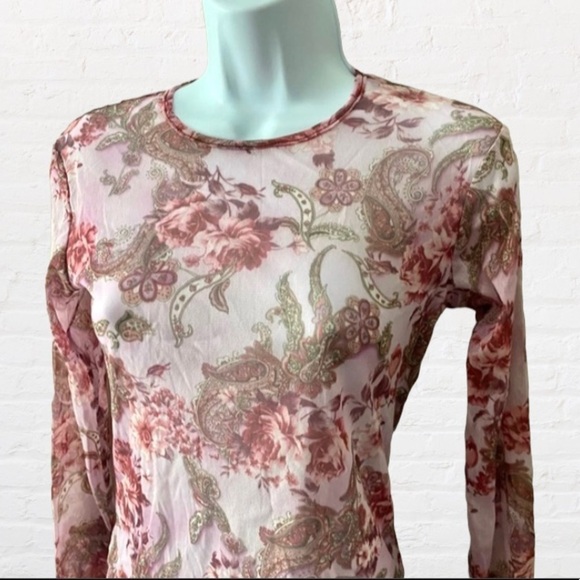 SHELIA MOON Mesh Long Sleeve Pink Floral Paisley Top with Back Pockets, sz Small - Picture 4 of 12